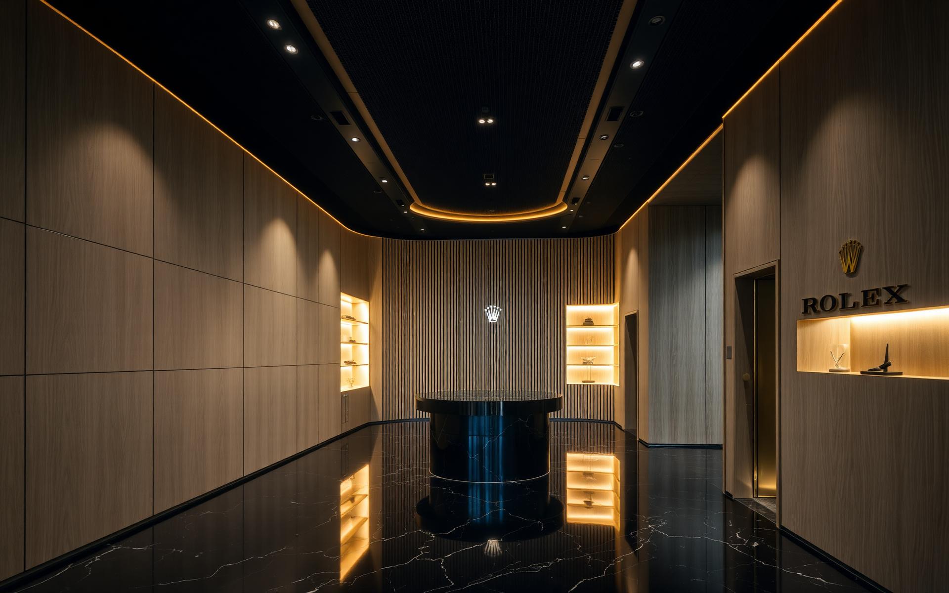 Luxury showroom interior with premium wood paneling and gold ambient lighting